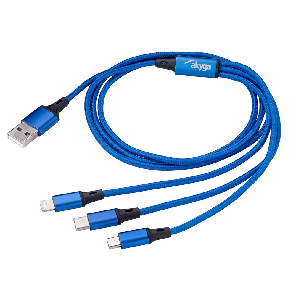 Akyga Latauskaapeli USB-A - Micro-USB+USB-C+Lightning 1,2m - Sininen