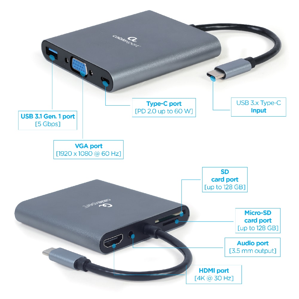 Cablexpert USB-C Telakka 6-in-1 2x USB-, HDMI-, VGA-, Micro-SD/SD-, PD-, 3.5mm -liitännällä
