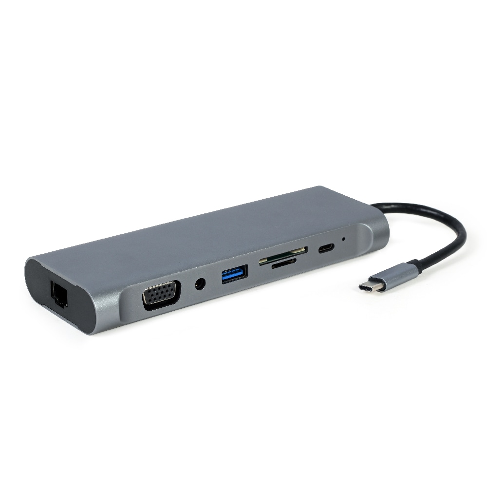 Cablexpert USB-C Telakka 8-in-1 4x USB-, HDMI-, DisplayPort-, VGA-, PD-, Micro-SD/SD-, RJ45-, 3.5mm -liitännällä