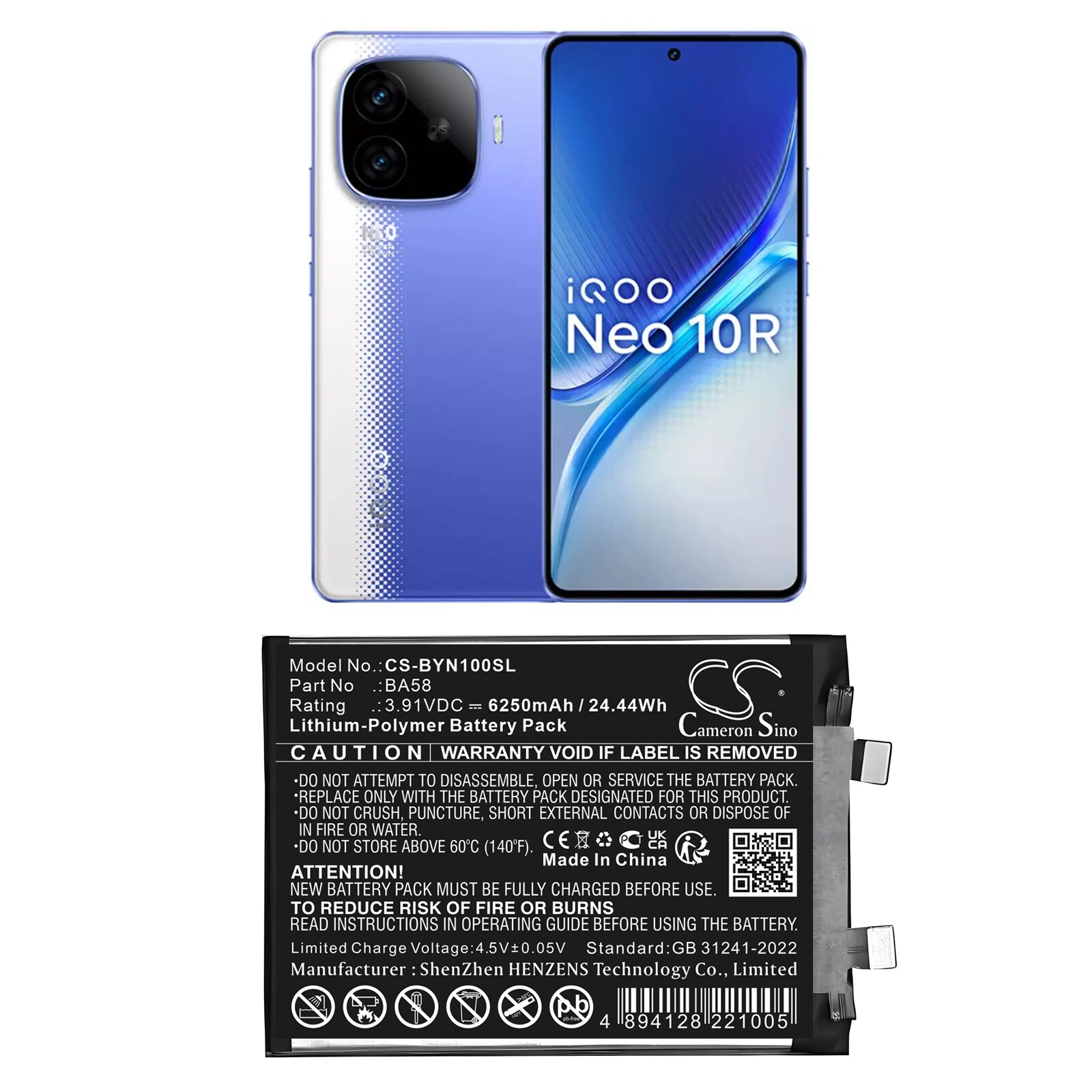 Akku älypuhelin, Matkapuhelin for VIVO I2221, iQOO Neo 10R 5G, iQOO Neo10 R, iQOO Neo10 R