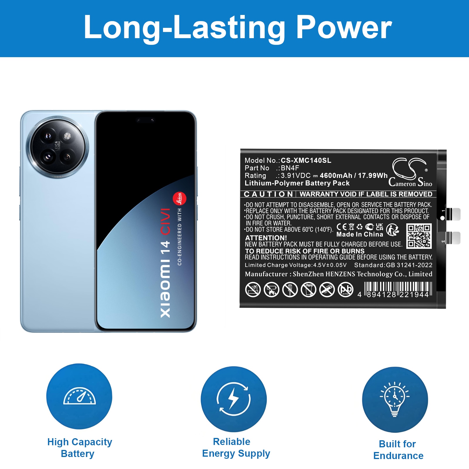Akku älypuhelin, Matkapuhelin Xiaomi 14 CIVI, 24053PY09C, 24053PY09I ja muut.