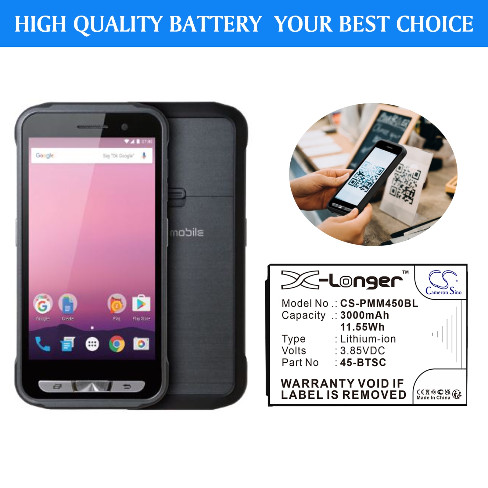 Akku Viivakoodin skanneri Point Mobile PM45:een akku