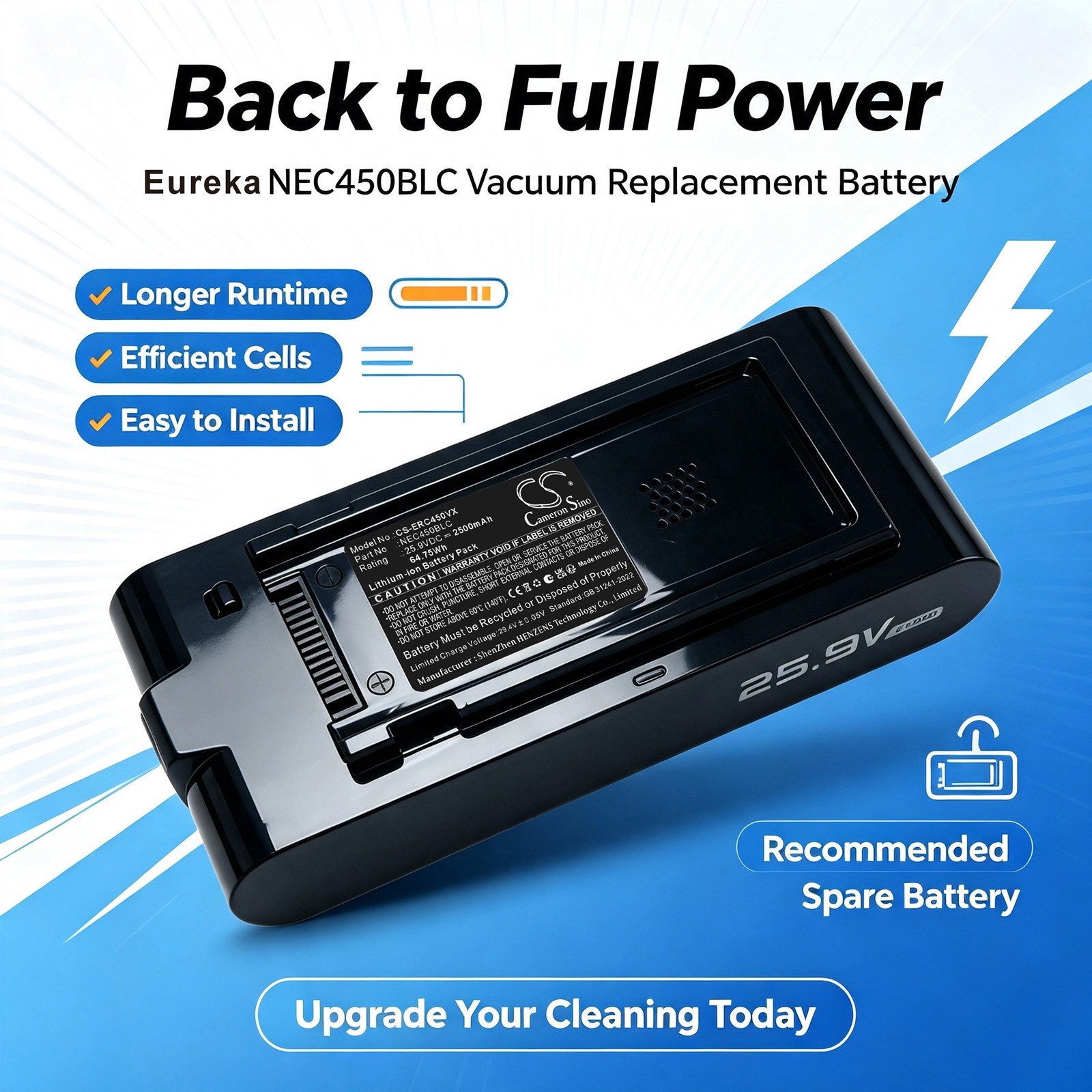 Akku Eureka NEC450BLC -mallin Tyhjiö-imuriin, ReactiSense 450 Cordless Stick Vacuum