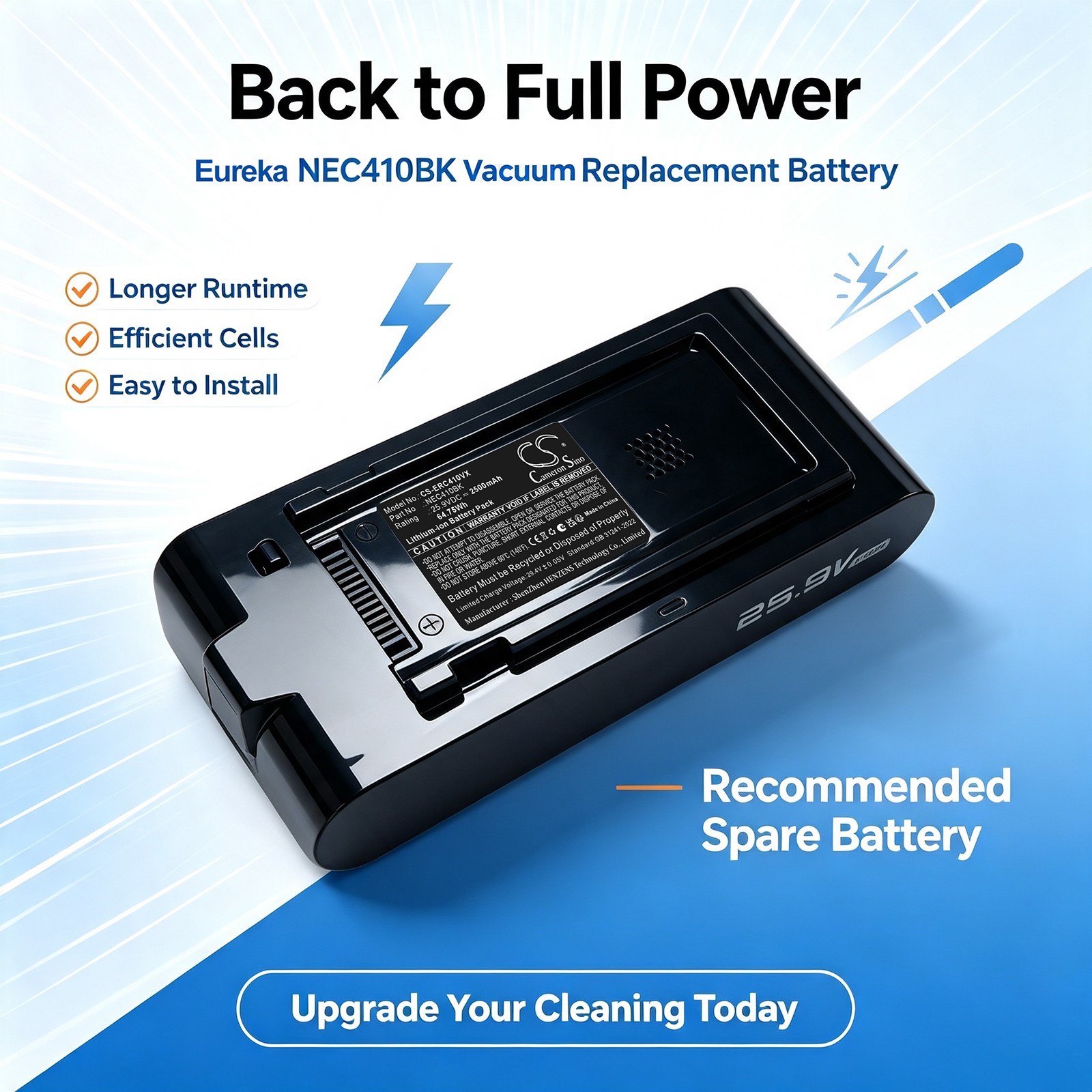 Akku Eureka NEC410BKC -tyhjiöimuriin, ReactiClean 410 -sauvaimuriin
