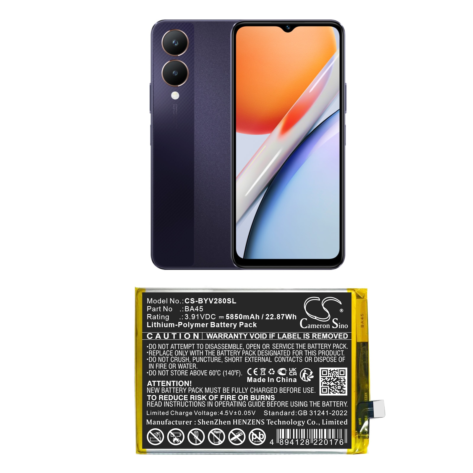Älypuhelimen akku, sopii Vivo V2318A-, Y28-, Y36 5G- ja muihin malleihin.
