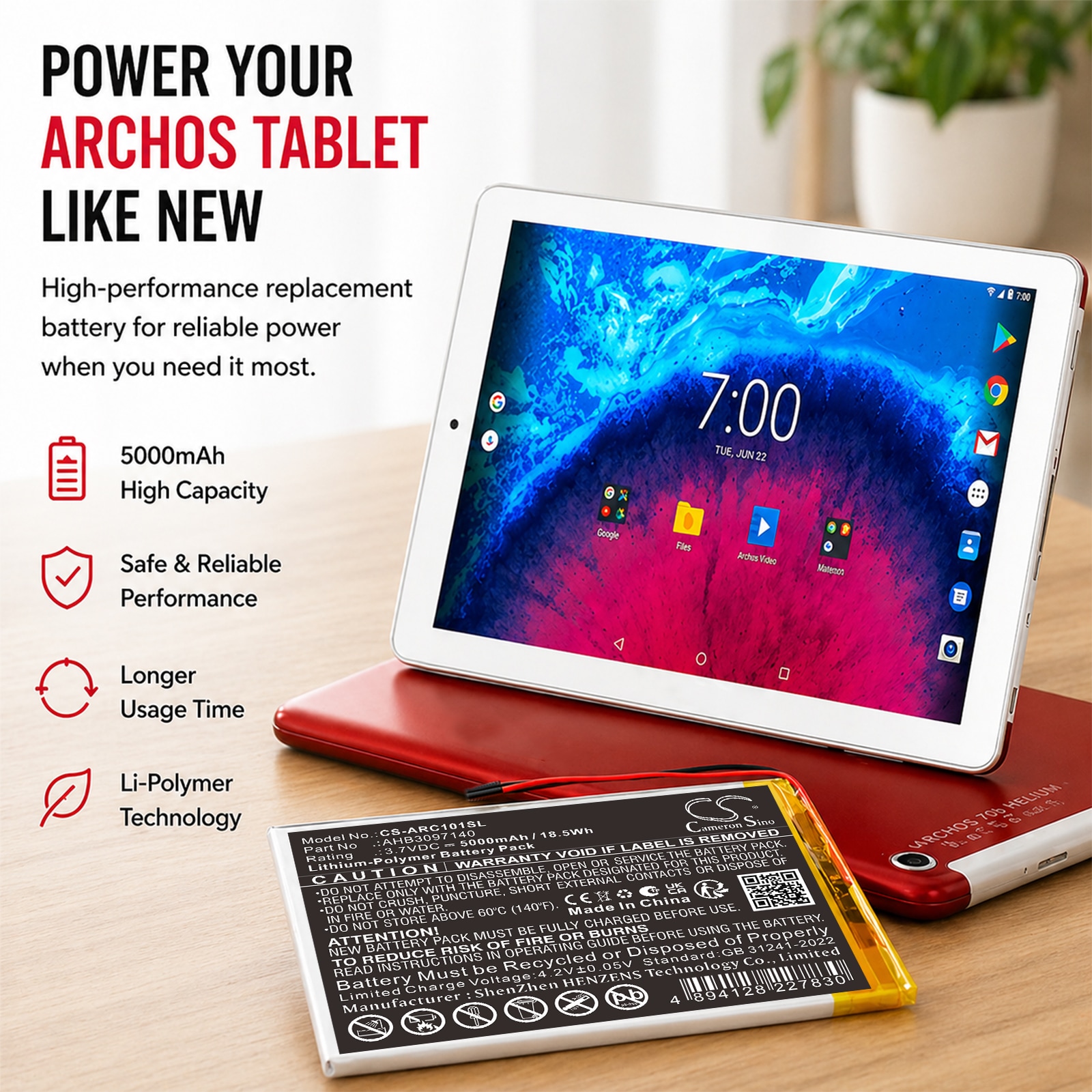 Akku Archos 101 Core 3G-, AC101ASWFV2-, AC101CR3GV2- ja muihin tablettimalleihin.