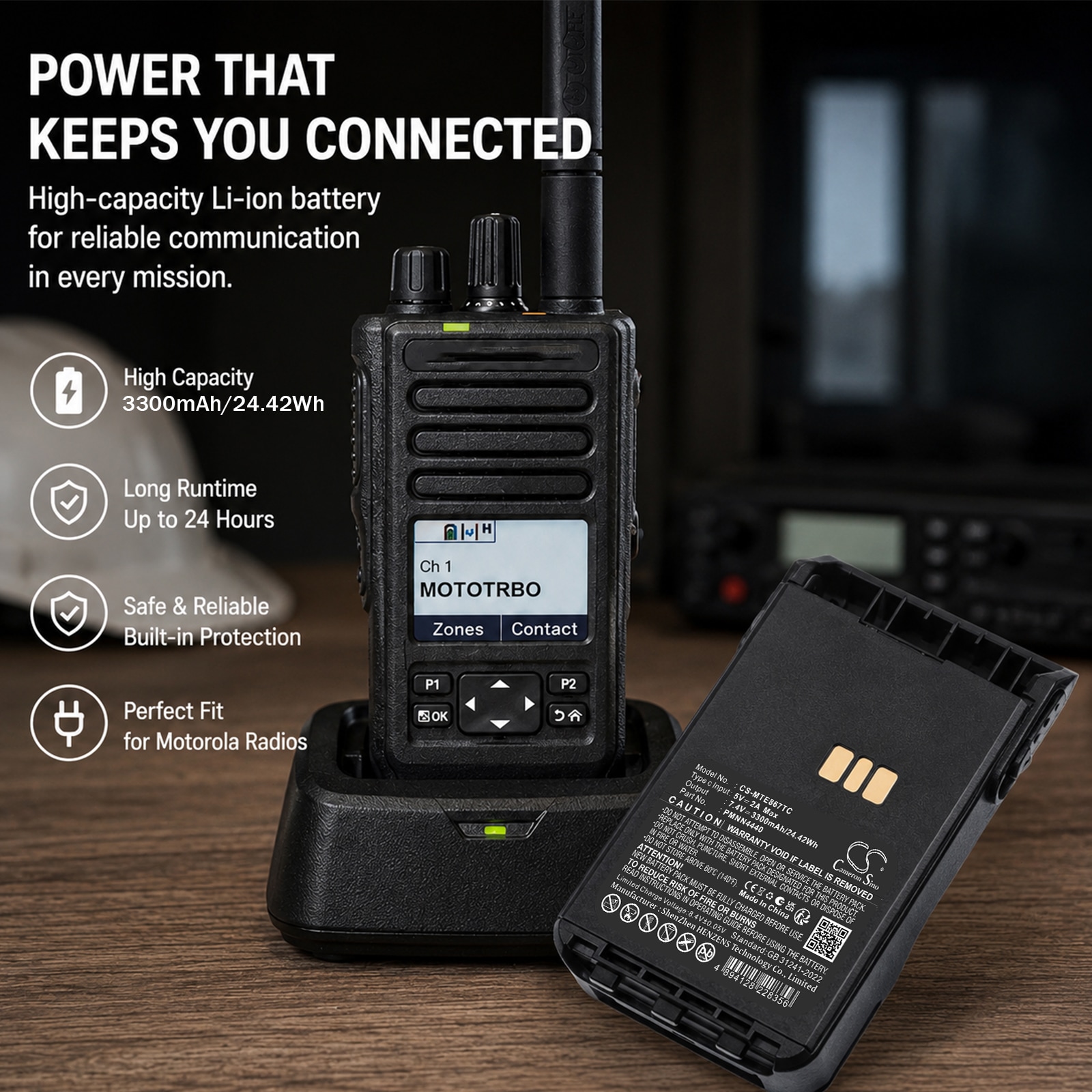 Akku kaksisuuntaiseen radioon, sopii mm. Motorola DP3000e-, DP3441- ja DP3441e-malleihin.