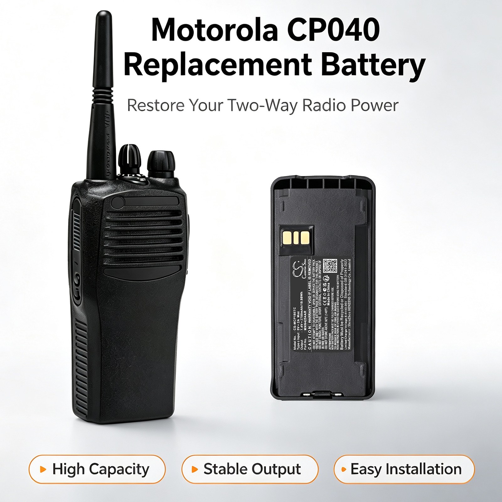 Akku kaksisuuntaiseen radioon, sopii mm. Motorola CP040-, CP100- ja CP100D-malleihin.