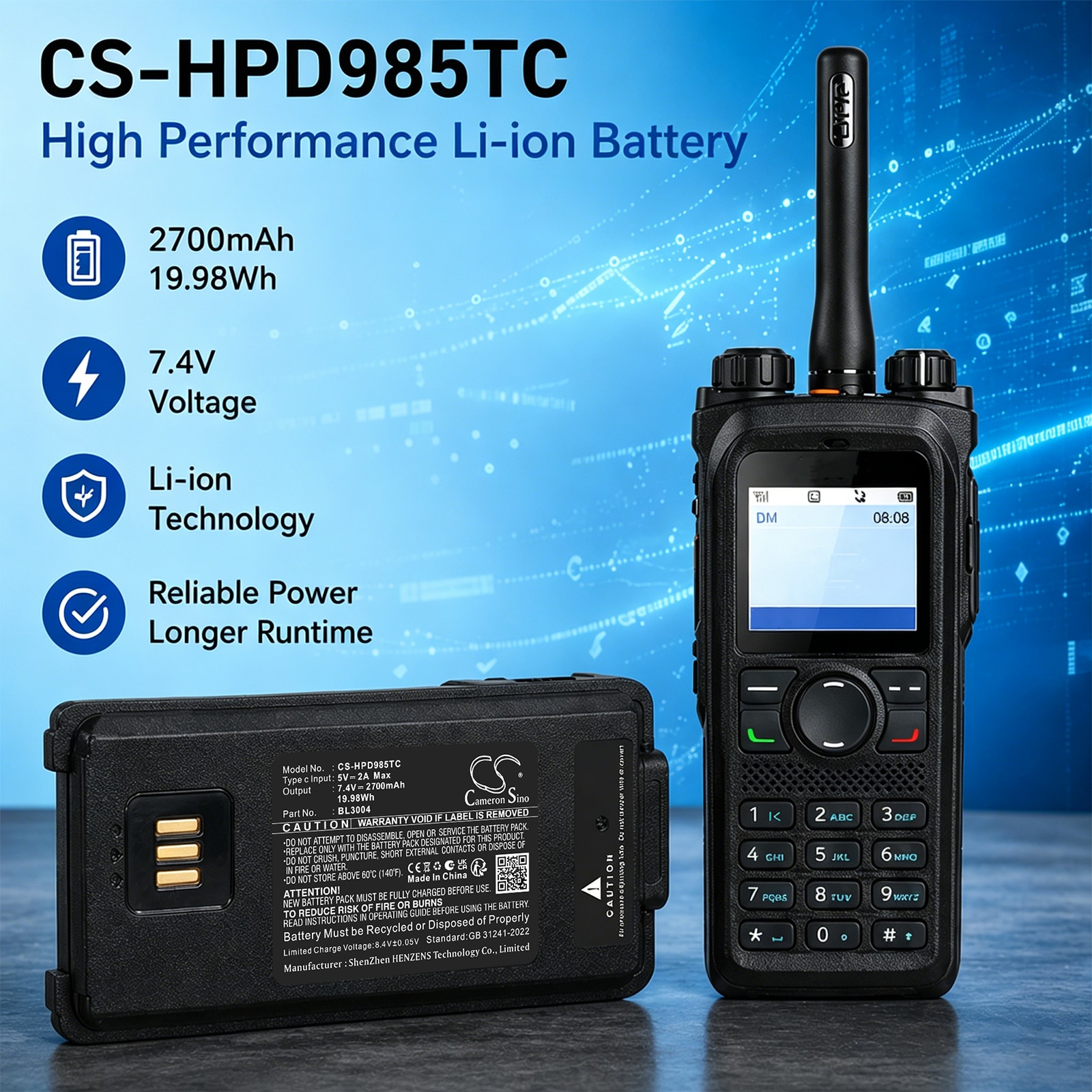 Akku Hytera PD980-, PD980-, PD985- ja muihin kaksisuuntaisiin radioihin