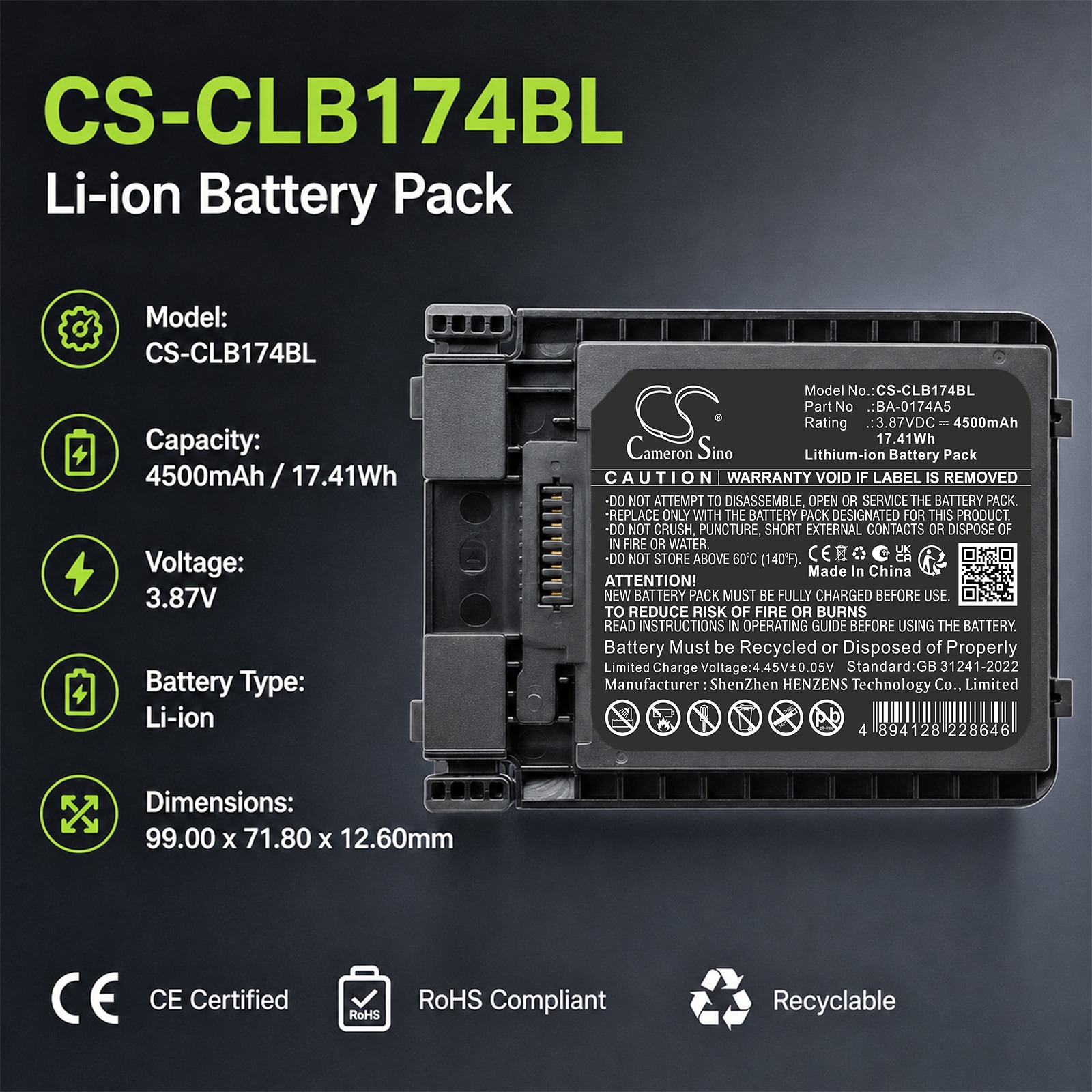 Akku CipherLABin viivakoodilukijalle R25, RS38, RS38WO