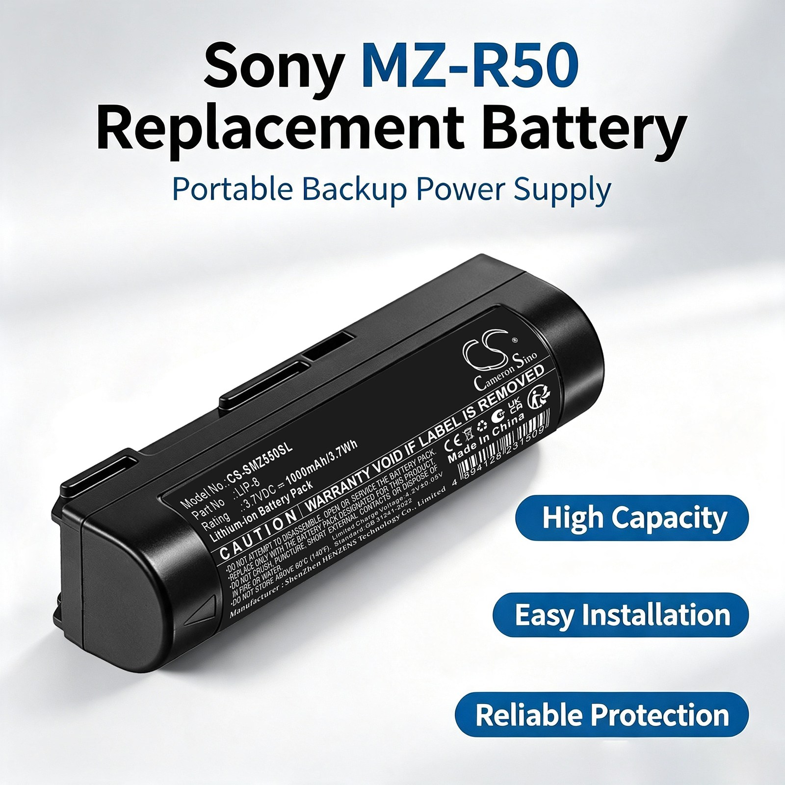 Akku Musiikki-laitteeseen, yhteensopiva Sony MZ-R50-, MZ-R50S- ja MZ-R5ST-malleihin