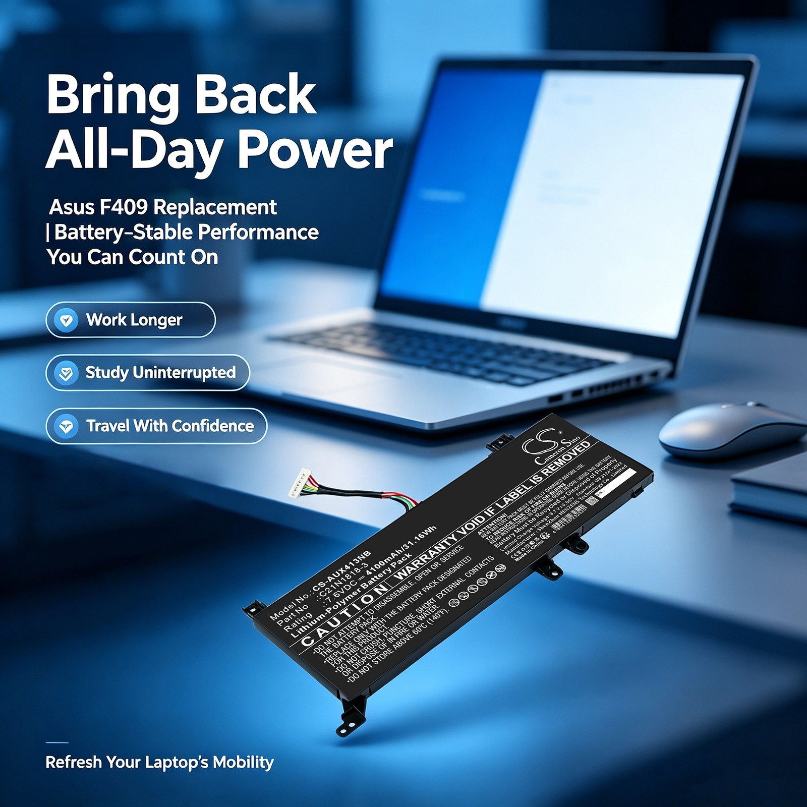 Kannettavan tietokoneen akku, sopii Asus VivoBook D409-, F409-, M409- ja muihin malleihin.