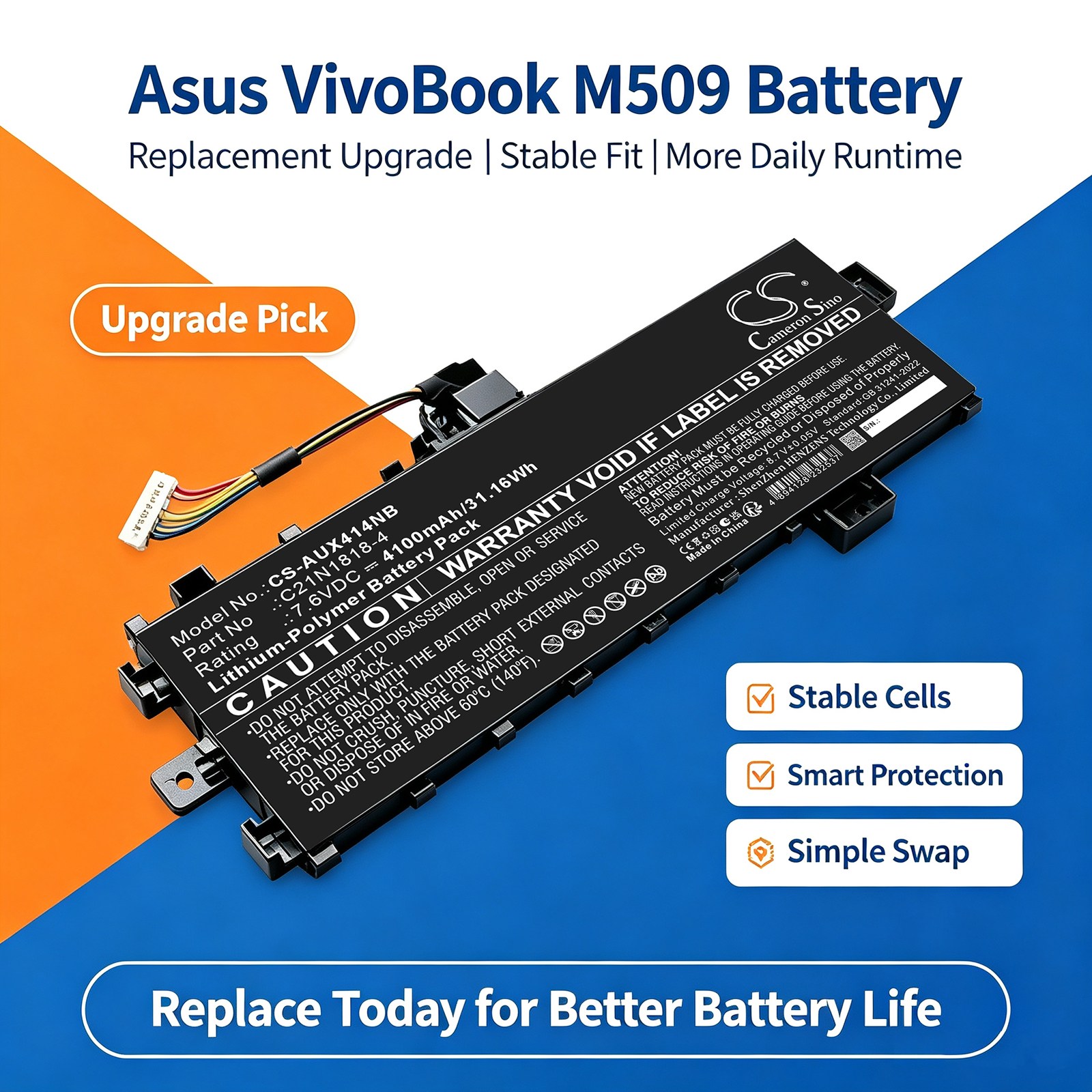 Kannettavan tietokoneen akku, sopii mm. Asus VivoBook M509DA-EJ025T -mallille ja muille.