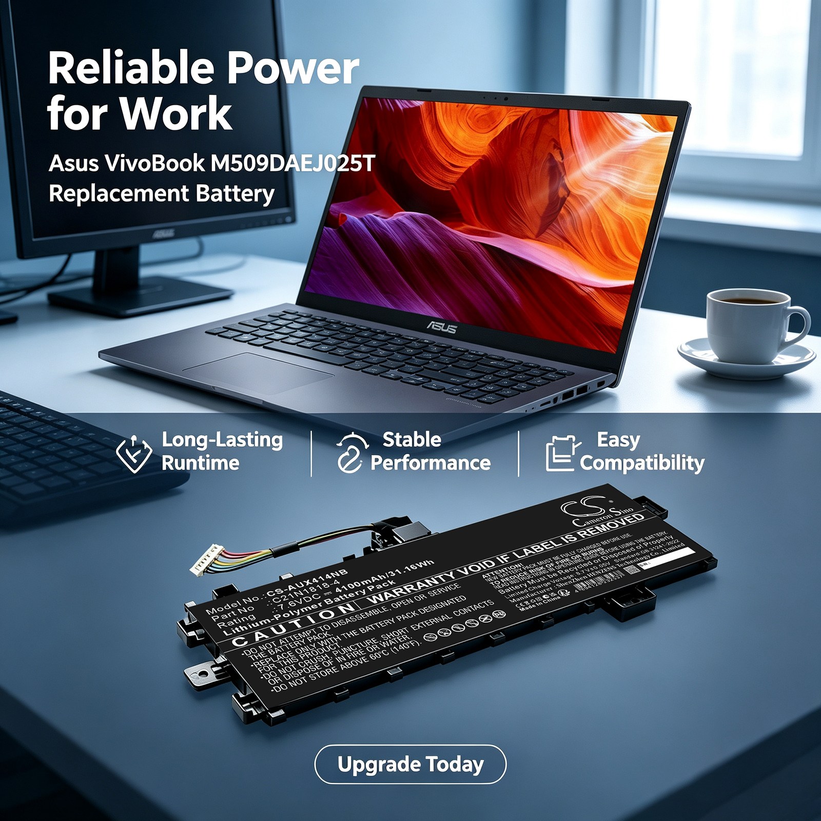 Kannettavan tietokoneen akku, sopii mm. Asus VivoBook M509DA-EJ025T -mallille ja muille.