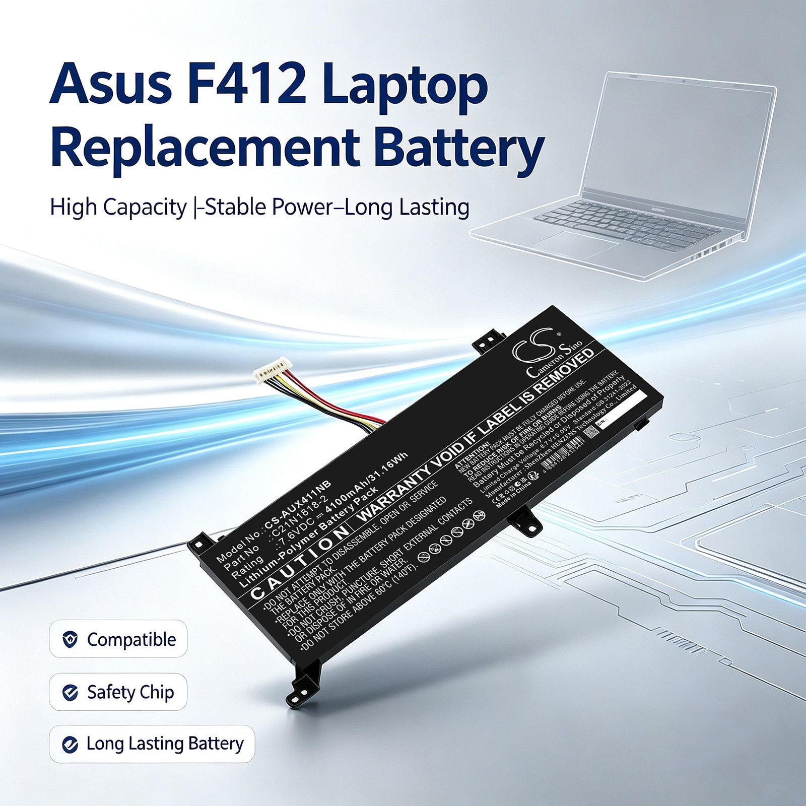 Kannettavan tietokoneen akku, sopii muun muassa Asus F412-, X412- ja A412D-malleihin.