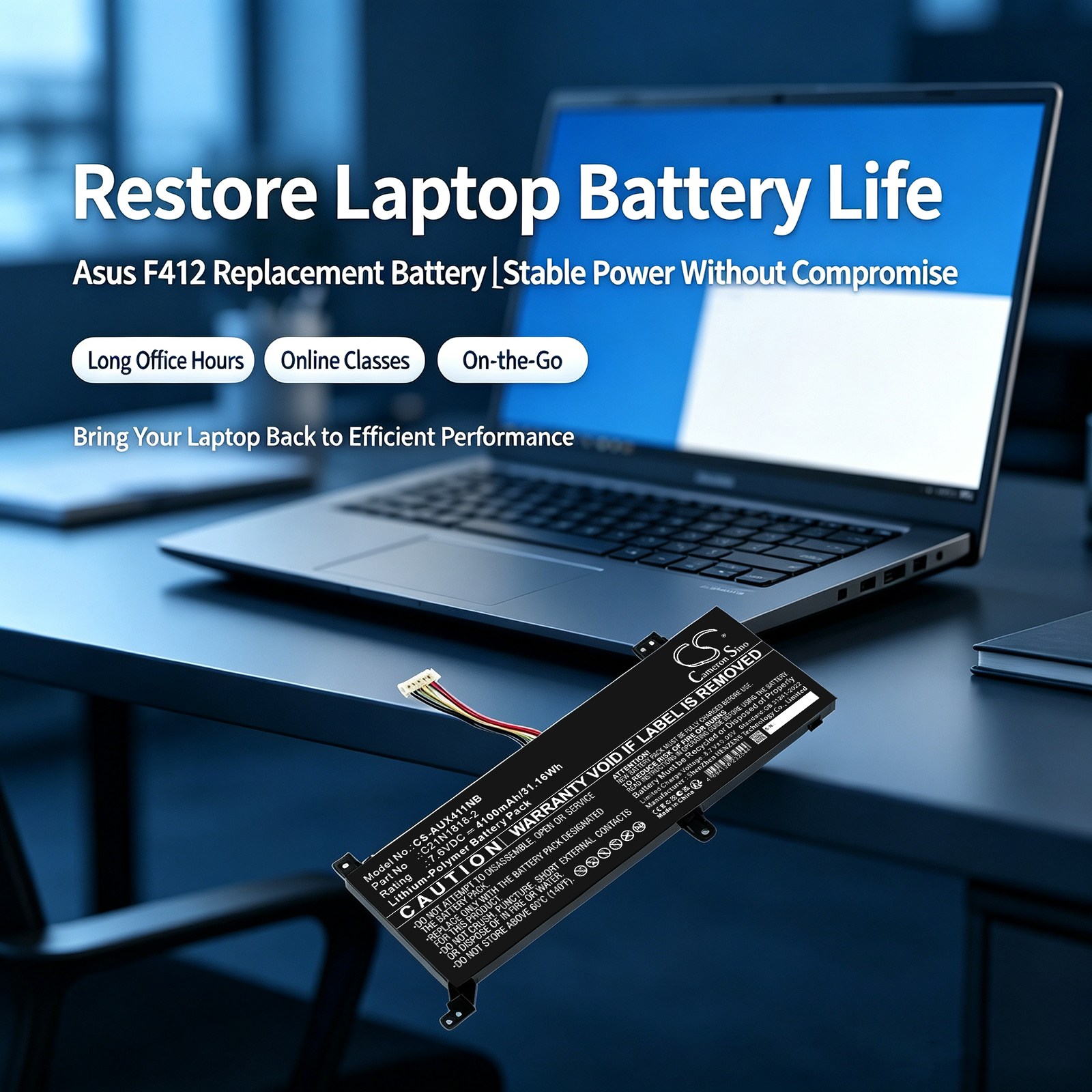 Kannettavan tietokoneen akku, sopii muun muassa Asus F412-, X412- ja A412D-malleihin.