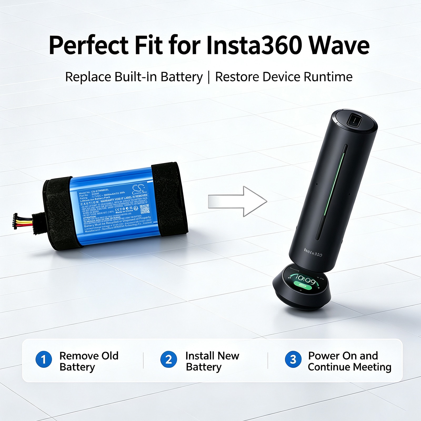Insta360 Wave AI-Powered Speakerphone -laitteen Viestintä ja kokoukset -toiminnon akku