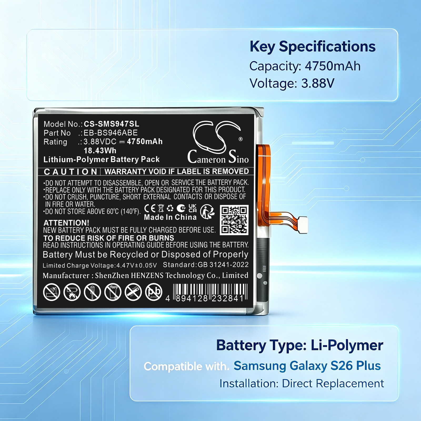 Älypuhelimen akku, sopii Samsung Galaxy S26+:lle, Galaxy S26 Plus:lle ja muille malleille.