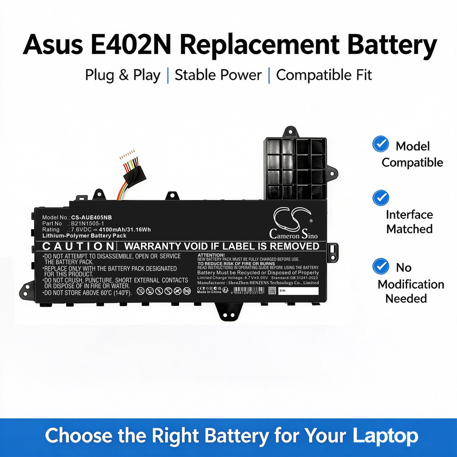Kannettavan tietokoneen akku, sopii mm. Asus E402N-, E402S- ja E502S-malleihin.