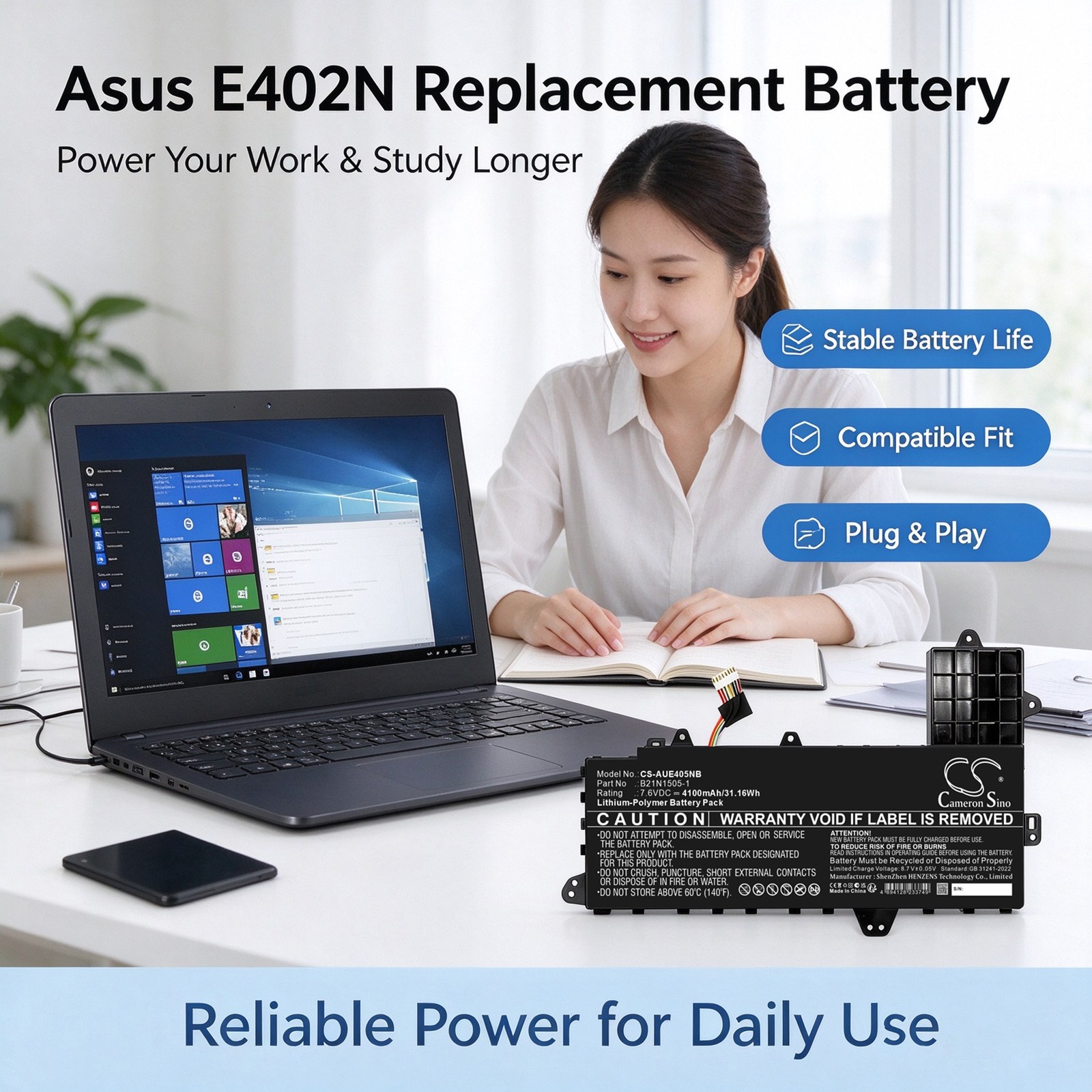 Kannettavan tietokoneen akku, sopii mm. Asus E402N-, E402S- ja E502S-malleihin.