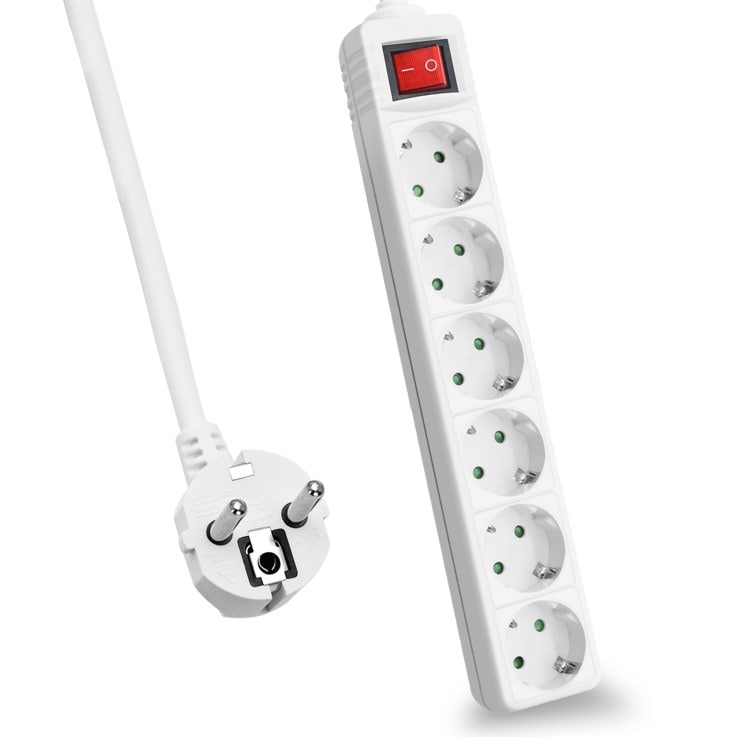 valkoinen, 6-tie, kytkimellä varustettuna, helos pistorasia CLASSIC, 3.0m