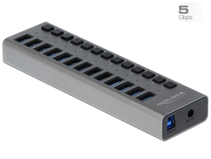 Delock ulkoinen SuperSpeed USB-keskitin, jossa on 13 porttia kytkin