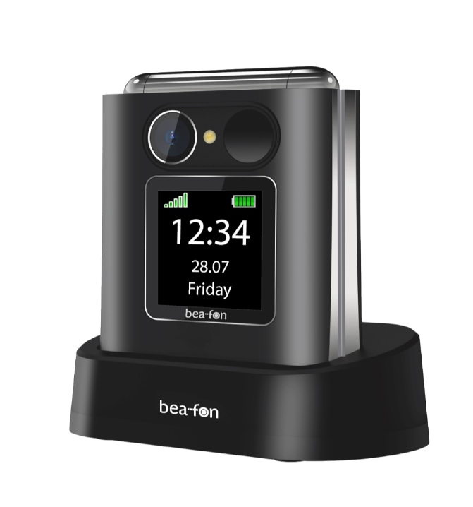 Beafon Fold 10 - 2G, Silver Line, isonäppäiminen flip-matkapuhelin, musta