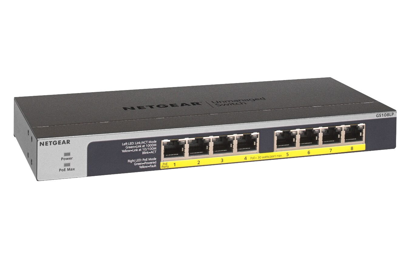 Netgear GS108LP-100EUS 8-porttinen Gigabit Ethernet PoE/PoE Flex -kytkin (hallitsematon)