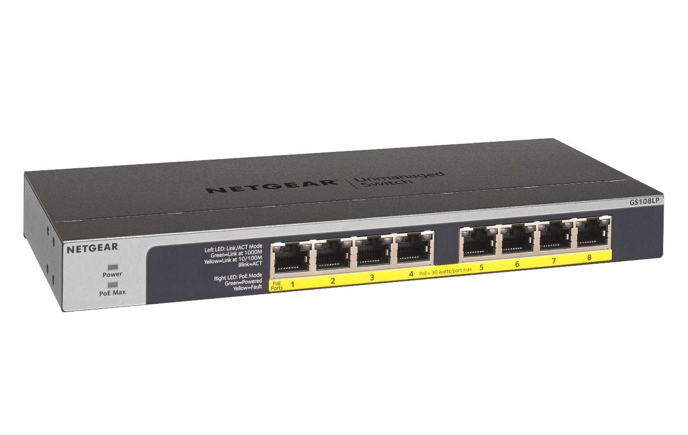 Netgear GS108LP-100EUS 8-porttinen Gigabit Ethernet PoE/PoE Flex -kytkin (hallitsematon)