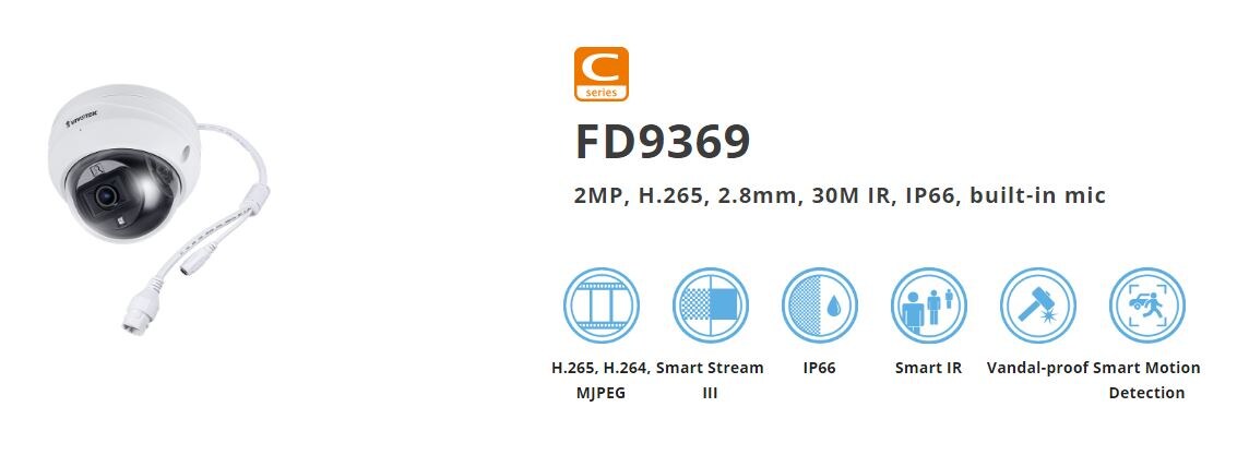 VIVOTEK C-sarjan FD9369 kiinteä kupukamera, 2 MP, ulkokäyttöön, infrapuna, PoE, 2,8 mm, IP66