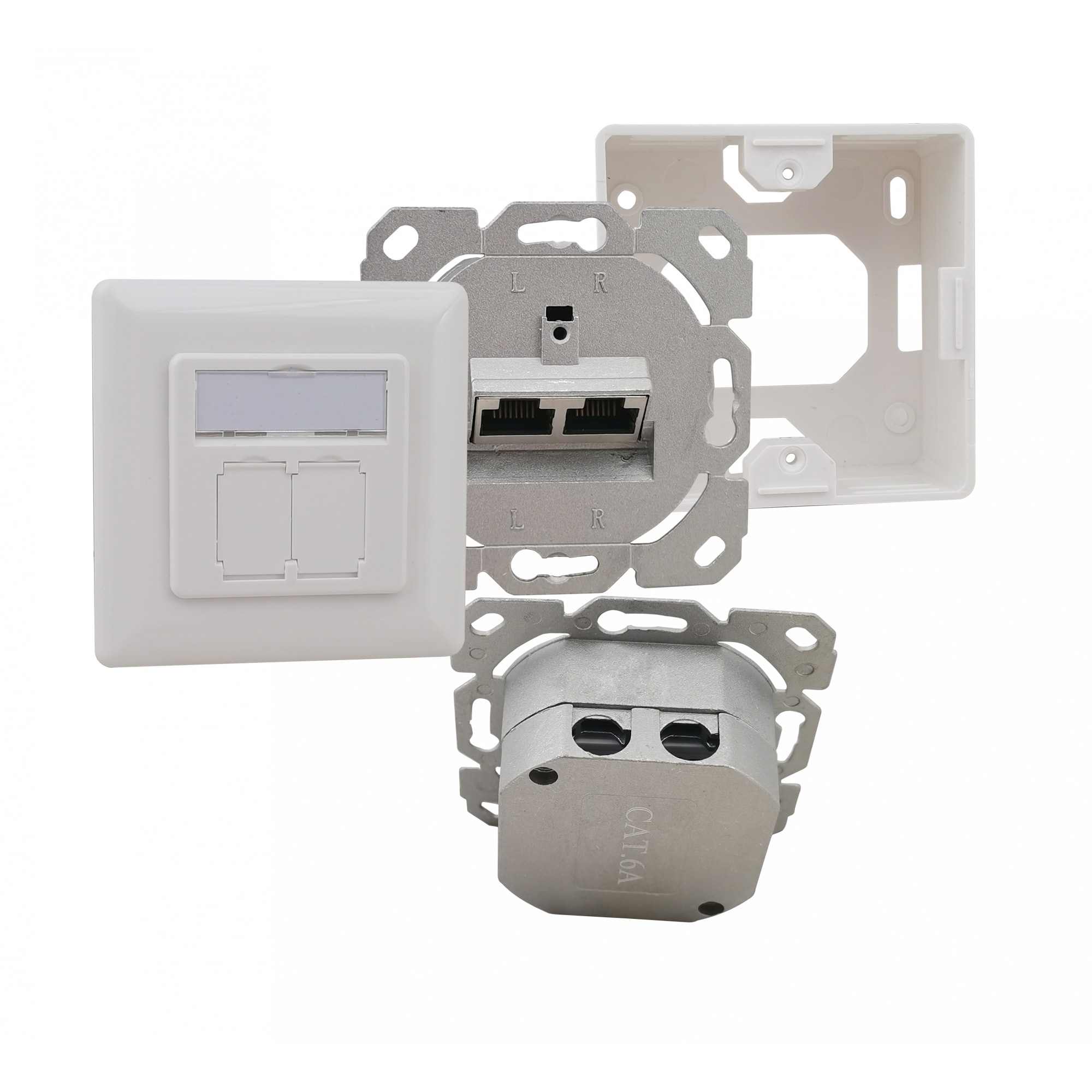 helos Cat.6a LSA-verkkopistorasia suunnittelukelpoinen UPAP 2-jakkinen pystysuora puhtaan valkoinen
