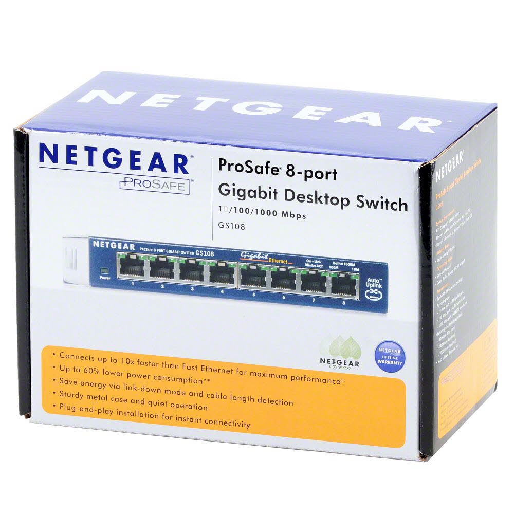 Netgear GS108GE -kytkin, 8-porttinen pöytämalli, Gigabit, tuulettimeton