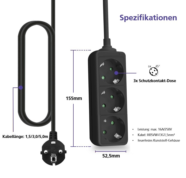 helos pistorasia CLASSIC, 3-suuntainen, musta, 3.0m, ilman kytkintä