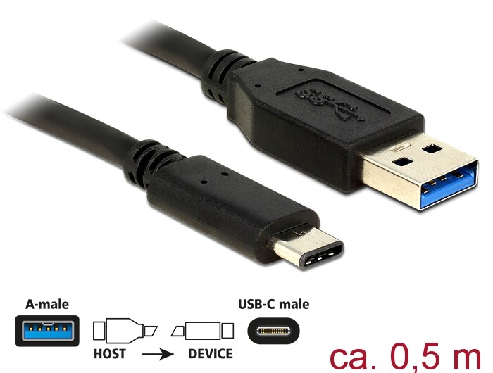 Delock-kaapeli USB 3.1 USB A uros > USB Type-C 0,5 m
