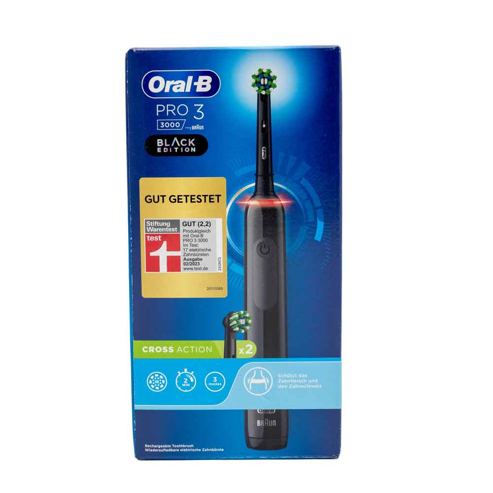 Braun Oral-B PRO 3 3000, jossa 2 CrossAction-kiinnitysharjaa, musta