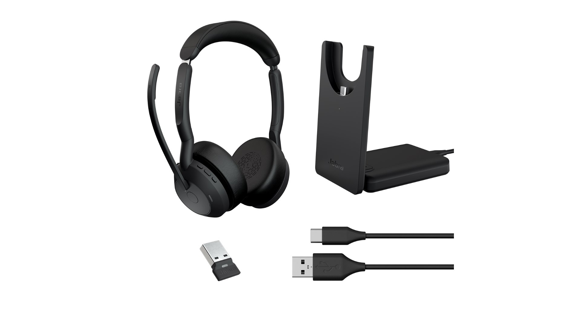 Jabra Evolve2 55 MS Stereo, jossa Link 380a–390a ja taitettavat kuulokkeet