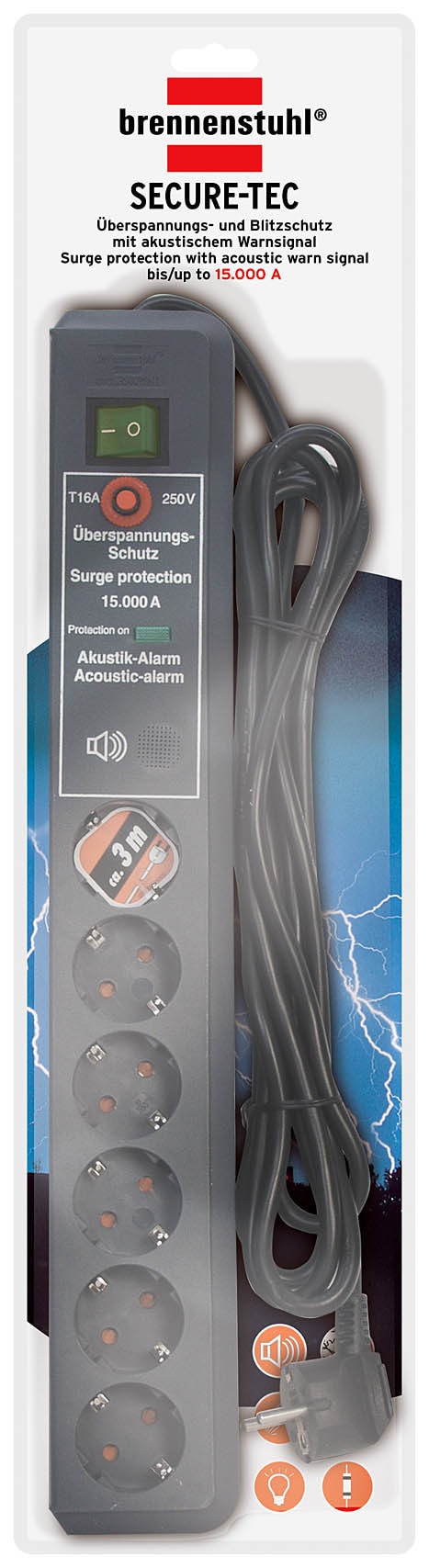 Brennenstuhl ÜSS Secure-Tec Acoustic, 6-suuntainen, antrasiitti, 3m