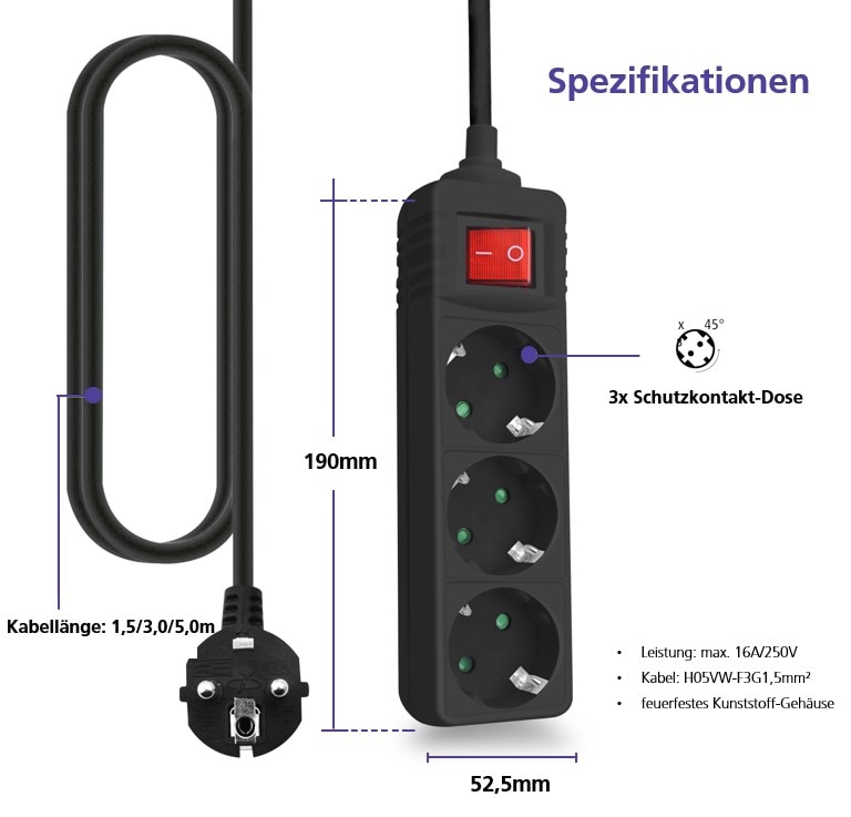 helos pistorasia CLASSIC, 3-suuntainen, musta, 3.0m, kytkimellä varustettuna