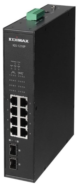 Edimaxin teollisuuskäyttöön tarkoitettu 10-porttinen Gigabit PoE -kiskokytkin, jossa on 2 SFP-porttia