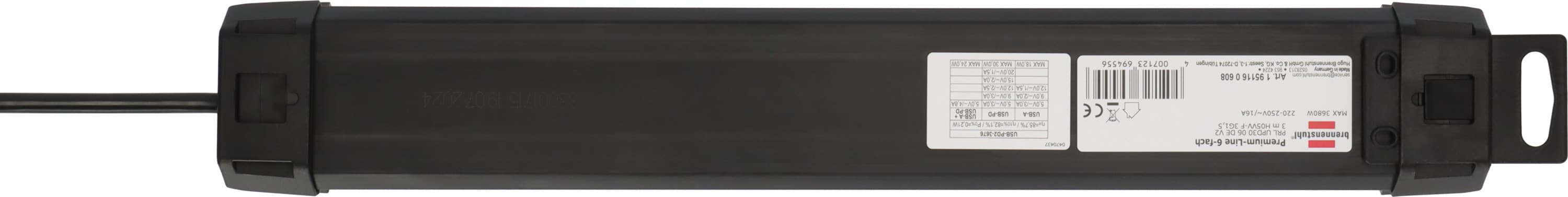 Brennenstuhl Premium-Line 6-nastainen USB C, USB A, musta, 3m