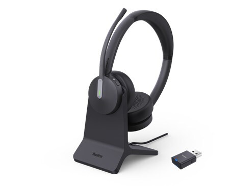 Yealink WH64 Hybrid Dual -DECT-kuulokkeet latausalustalla