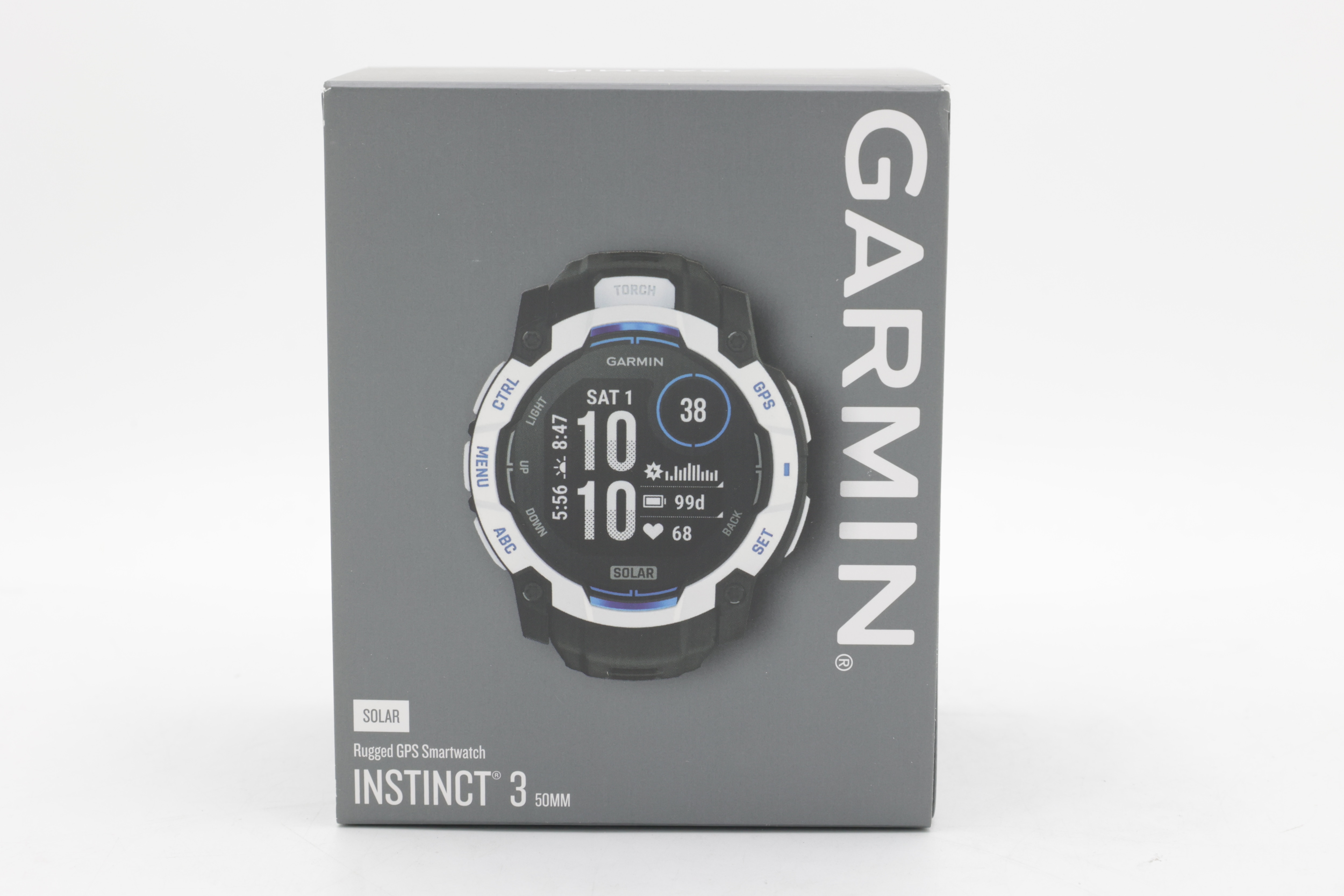 Garmin Instinct 3,50 mm, aurinkokennokäyttöinen, valkoinen kivi ja musta rannekoru, WW