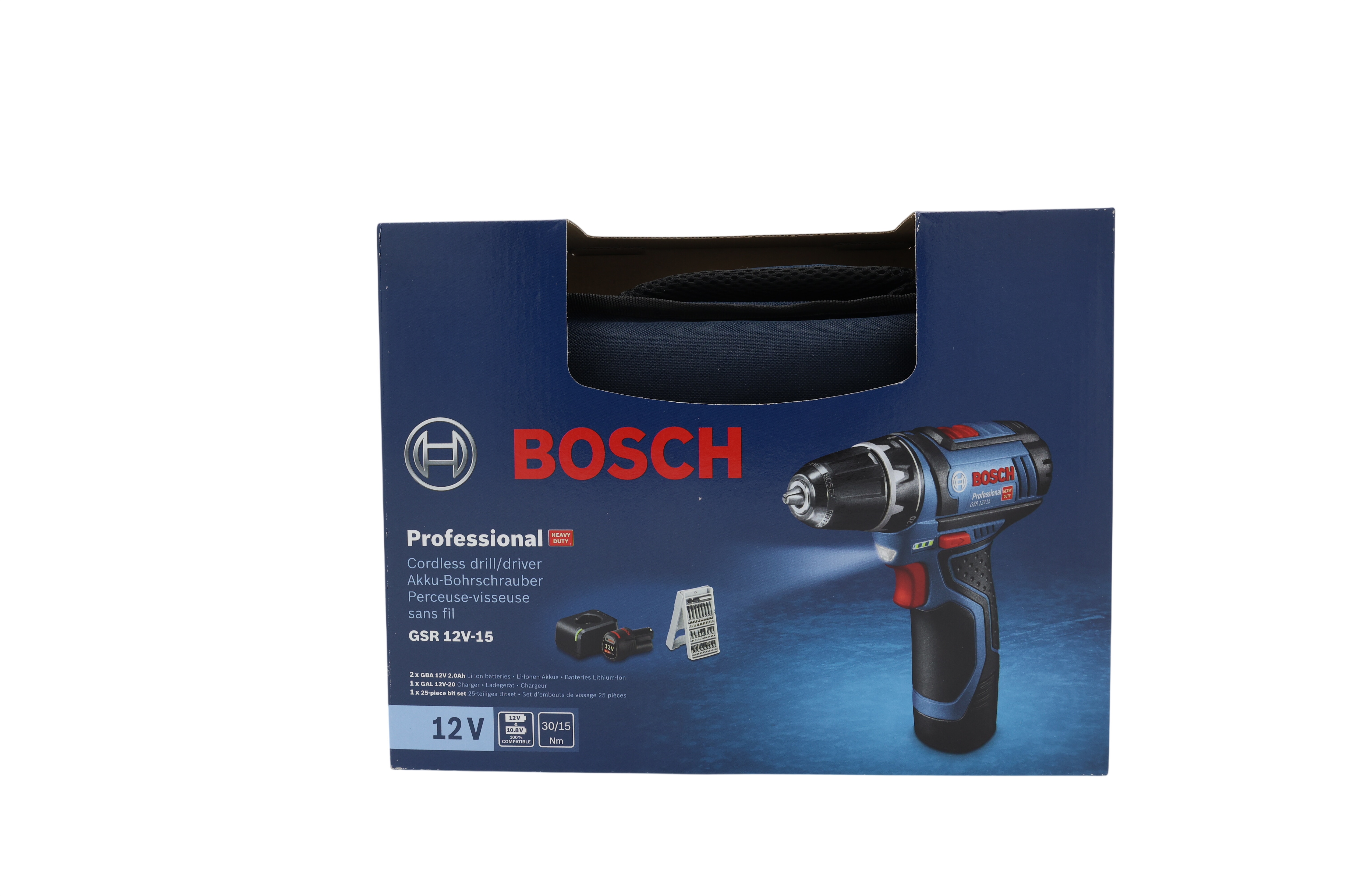 Bosch GSR12V-15 akkukäyttöinen pora-ruuvinväännin, 2 x 2,0 Ah, laukku ja terät (060186810H)