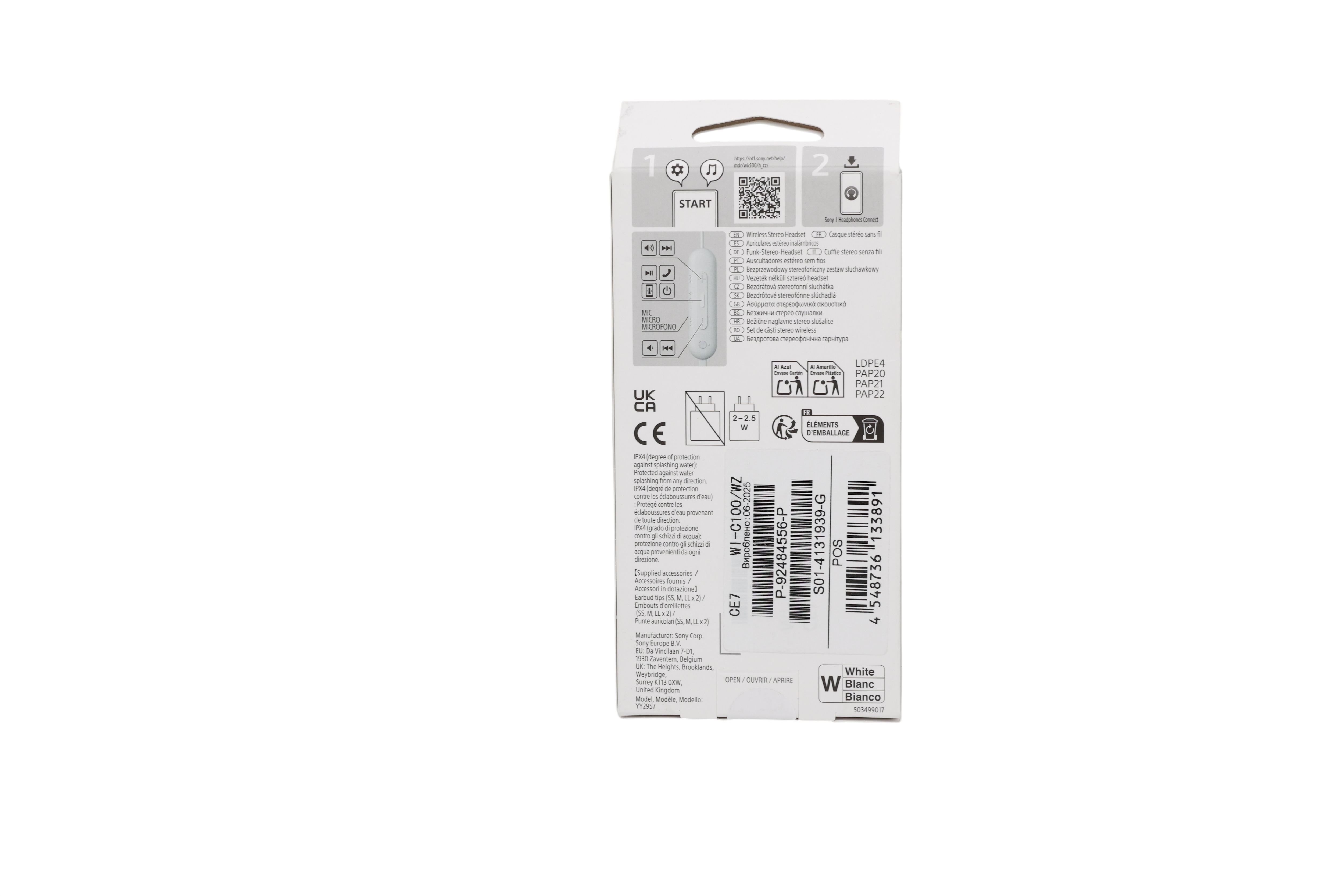 Sony WI-C100 langattomat in-ear-kuulokkeet, valkoiset