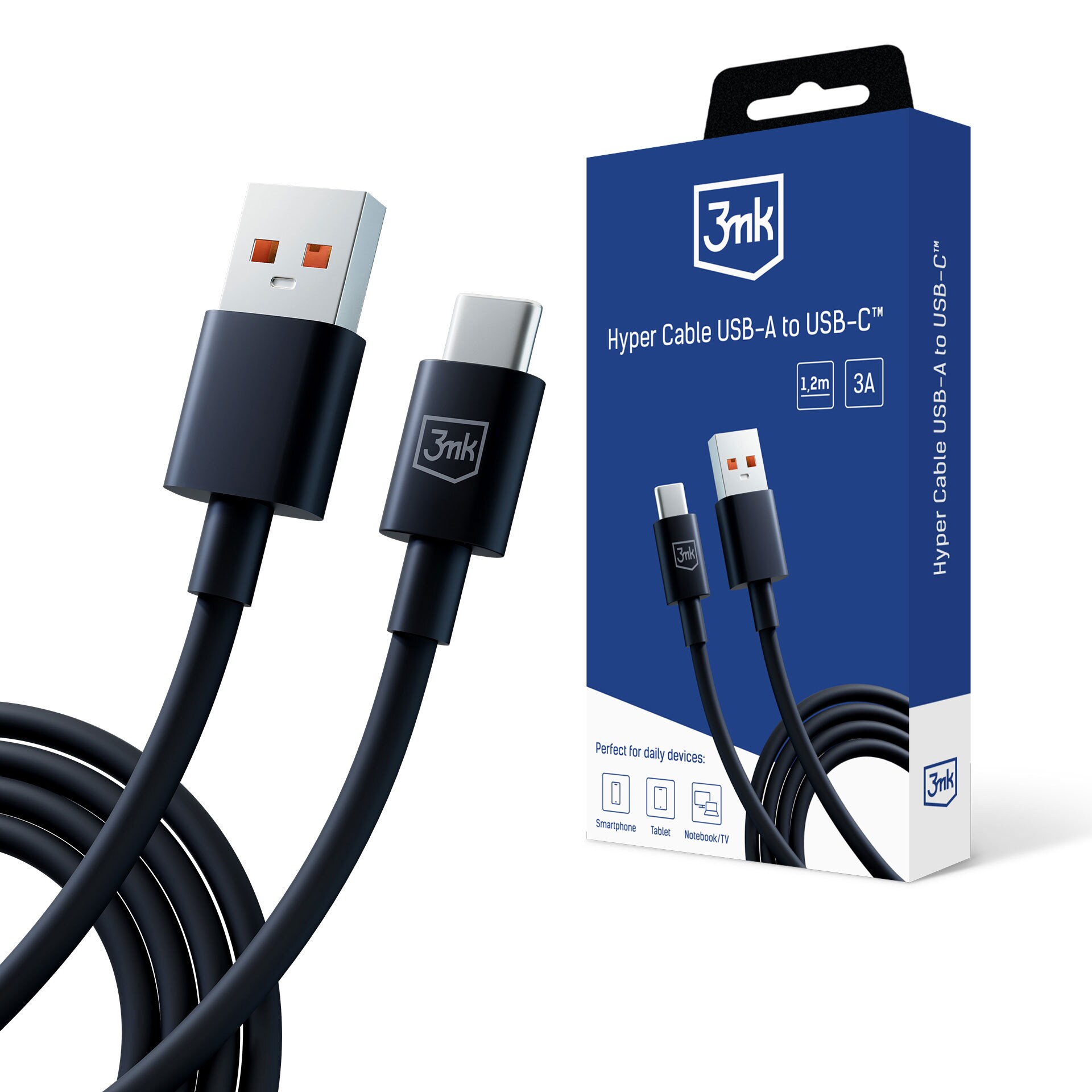 3mk Hyper-kaapeli USB-A / USB-C 1.2m 5A - musta