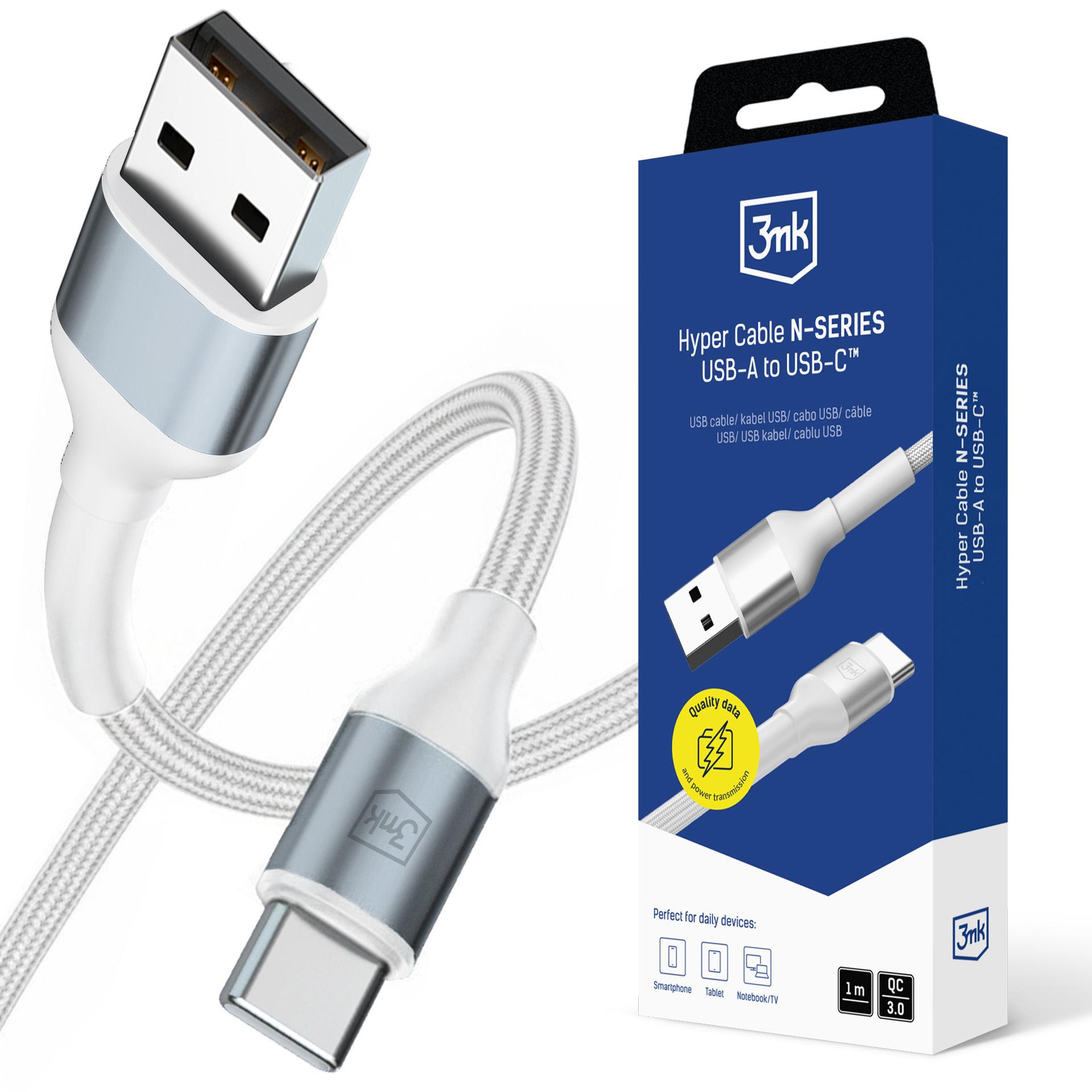 3mk Hyper-kaapeli N-SARJA USB-A / USB-C 1m 9V/2A 18W / valkoinen
