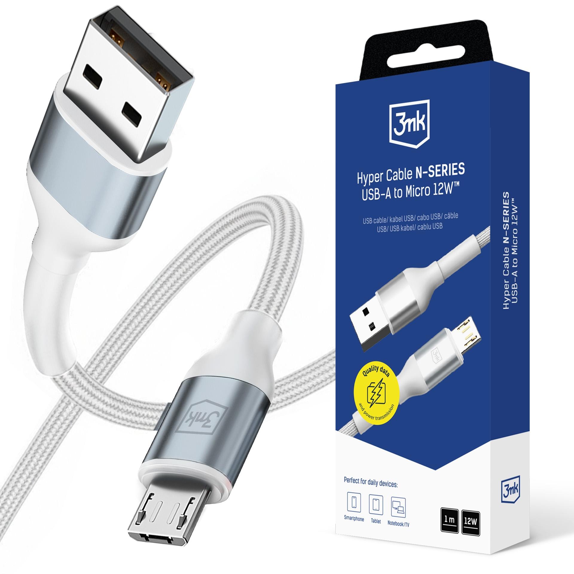 3mk Hyper-kaapeli N-SERIES USB-A / MicroUSB 1m 5V/2.4A 12W / valkoinen