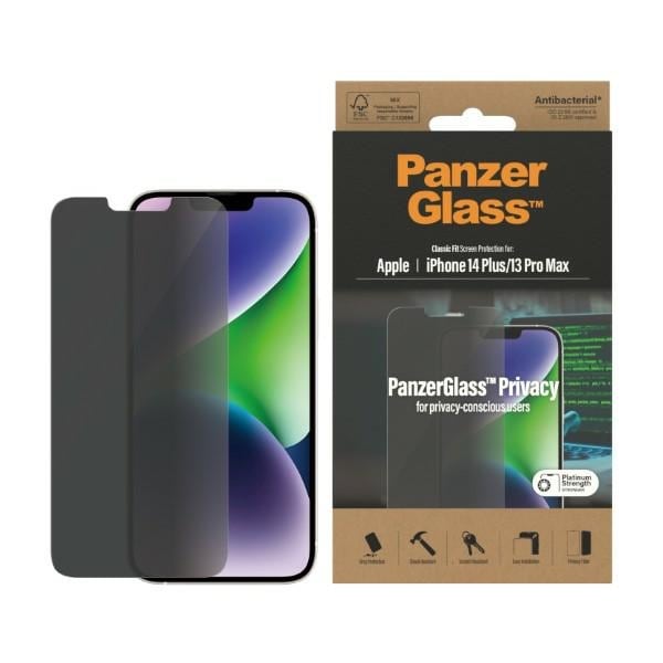 PanzerGlass Classic Fit Privacy Antibacterial Glass -lasi 14 Plus/13 Pro Max -malliin iPhone