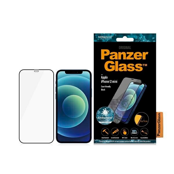 PanzerGlass E2E Super+ Microfracture antibakteerinen lasi iPhone 12 mini mustalla kehyksellä