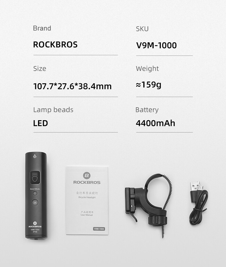 Rockbros V9M-1000 etupyörävalo 1000lm - musta